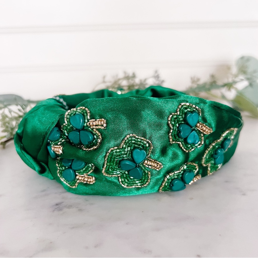Green Satin Hair Accessory with Golden Embellishments